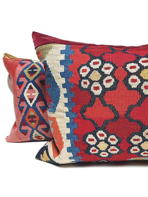 Turkish Kilim Red Lumbar Pillow Pair